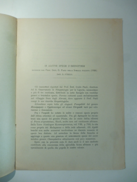 Di alcune specie d'imenotteri raccolte dal Prof. Dott. G. Paoli nella Somalia italiana (1926)